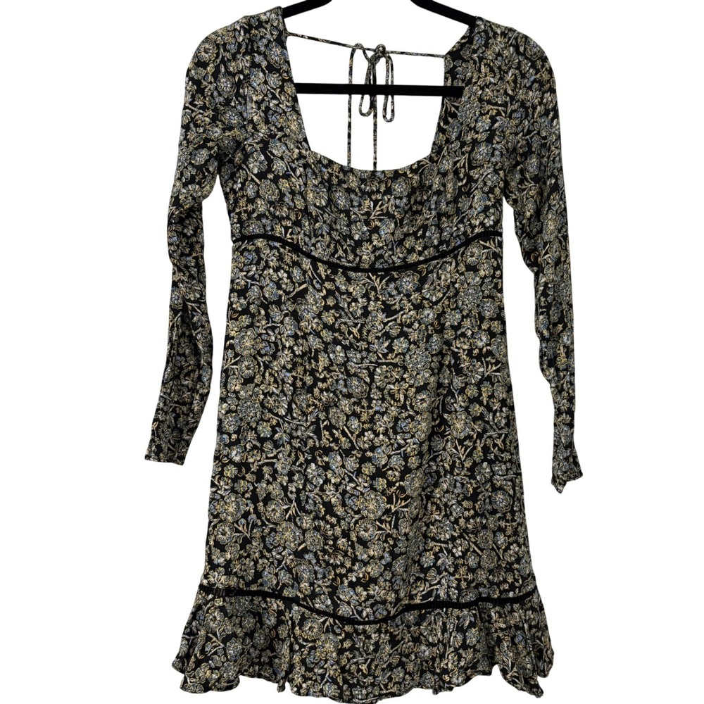Free People Floral Mini Dress Black Gold Blue Velvet Trim Square Neck Tie Back 4